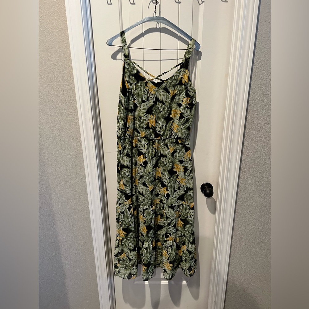 Tropical Leaf Print Maxi Dress yellow, green and black sz L